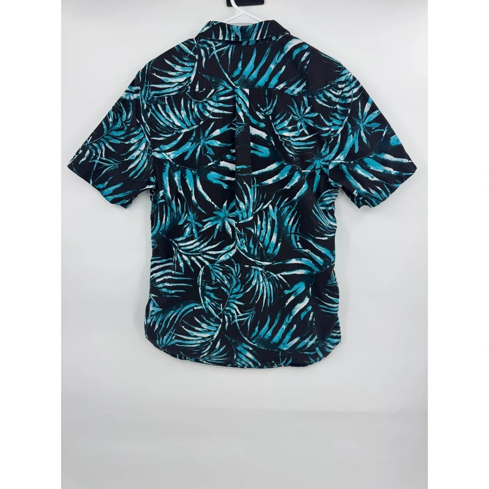 Vans Mens Tailored Fit Short Sleeve Button Down Shirt Teal Black Palm Leaf Med‎